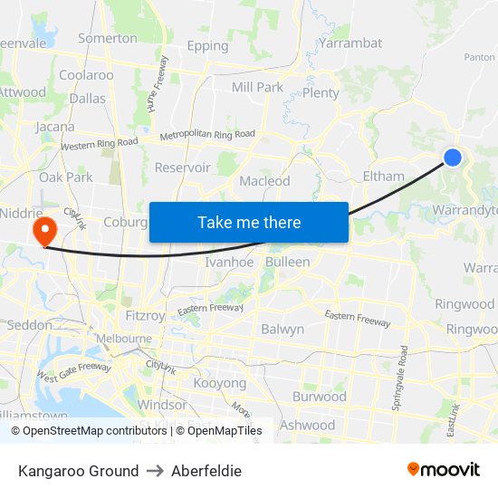 Kangaroo Ground to Aberfeldie map