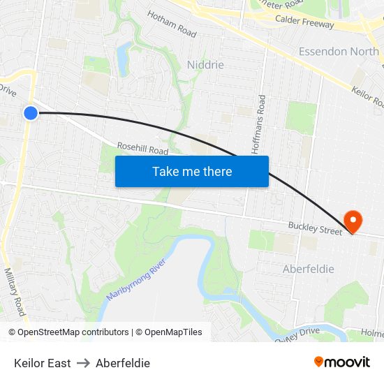 Keilor East to Aberfeldie map