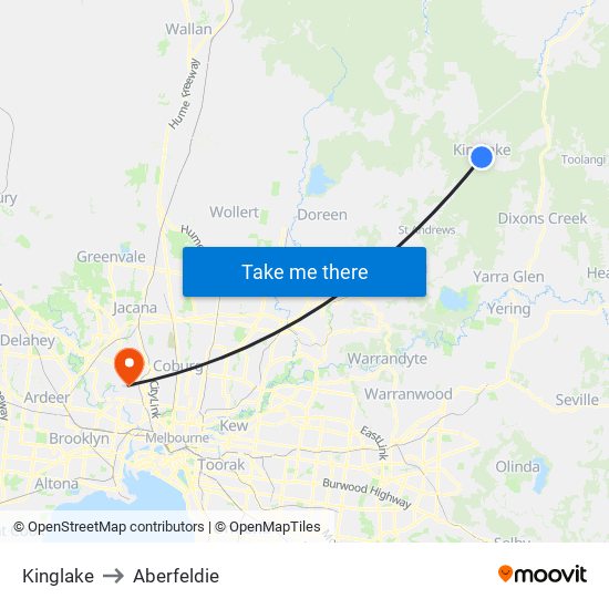 Kinglake to Aberfeldie map