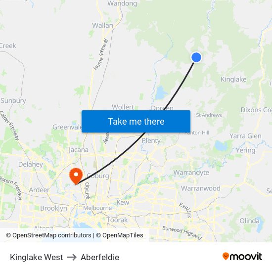 Kinglake West to Aberfeldie map