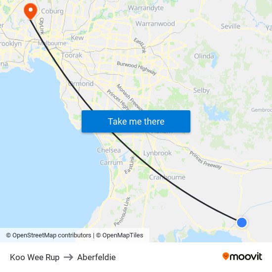 Koo Wee Rup to Aberfeldie map