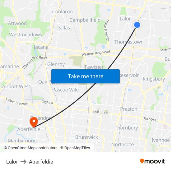 Lalor to Aberfeldie map