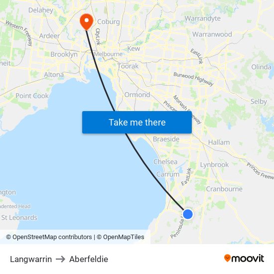 Langwarrin to Aberfeldie map