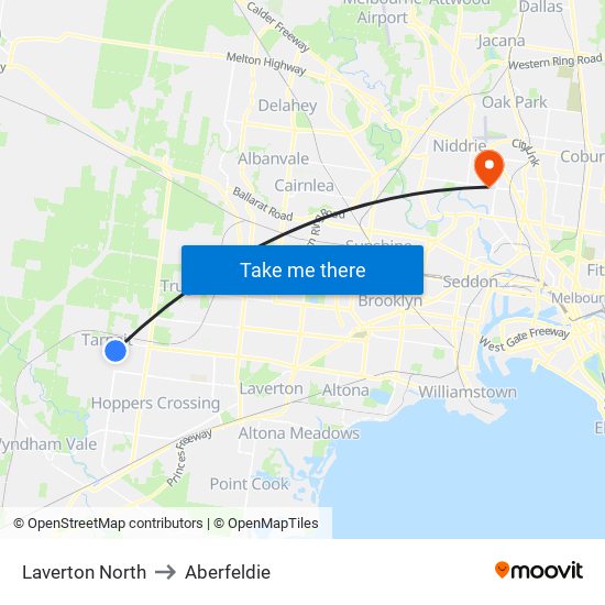 Laverton North to Aberfeldie map