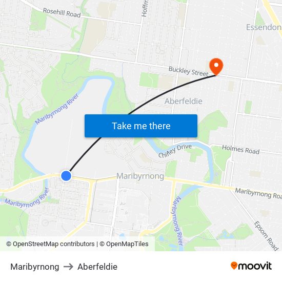 Maribyrnong to Aberfeldie map