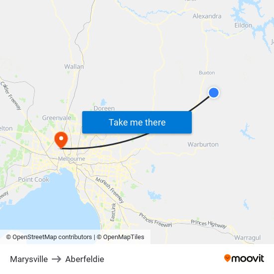 Marysville to Aberfeldie map