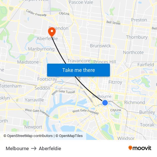 Melbourne to Aberfeldie map