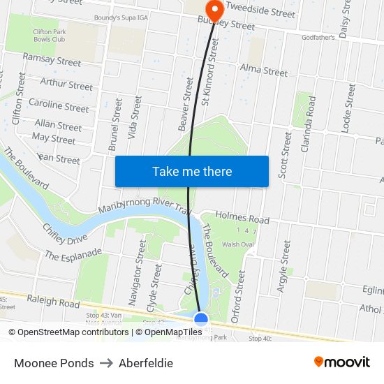 Moonee Ponds to Aberfeldie map