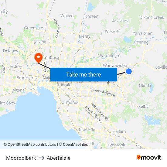 Mooroolbark to Aberfeldie map