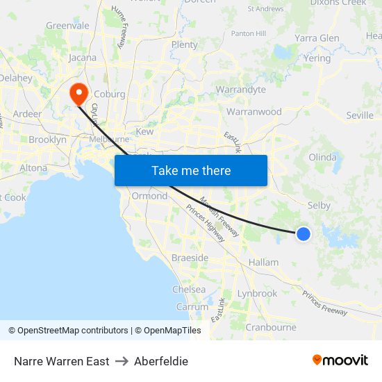 Narre Warren East to Aberfeldie map