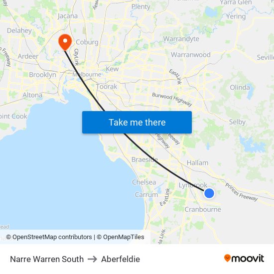 Narre Warren South to Aberfeldie map
