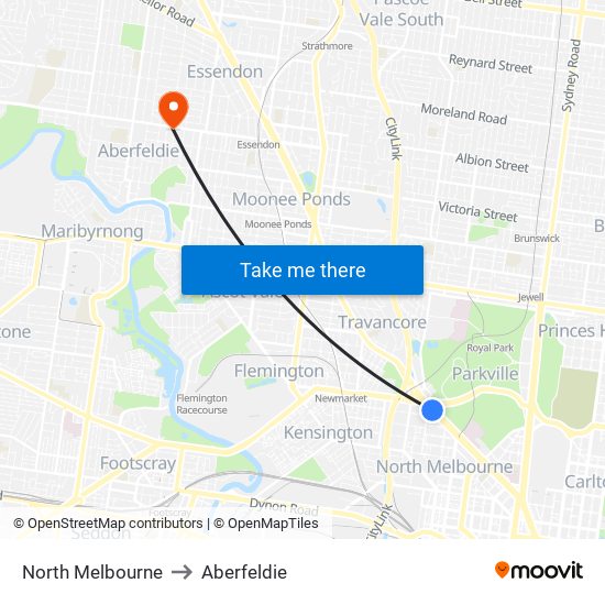 North Melbourne to Aberfeldie map