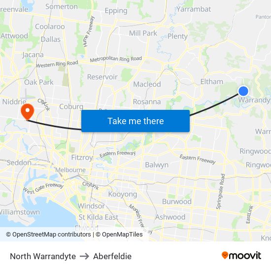 North Warrandyte to Aberfeldie map