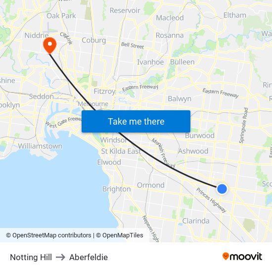 Notting Hill to Aberfeldie map