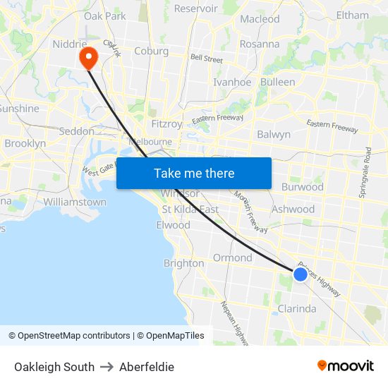 Oakleigh South to Aberfeldie map