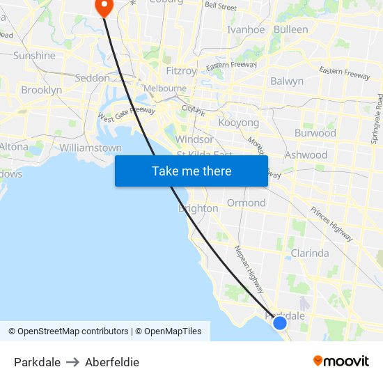 Parkdale to Aberfeldie map