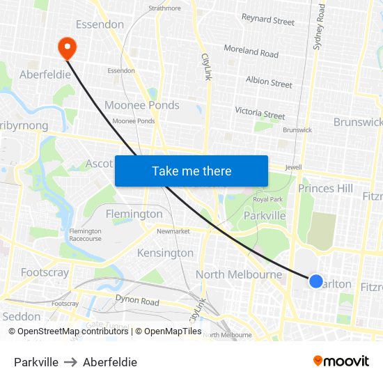 Parkville to Aberfeldie map