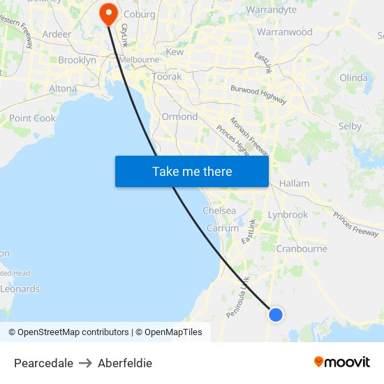 Pearcedale to Aberfeldie map