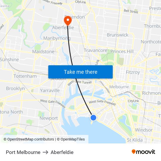 Port Melbourne to Aberfeldie map