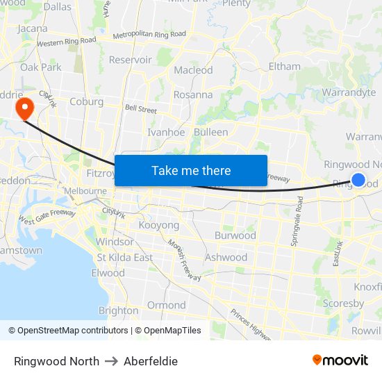 Ringwood North to Aberfeldie map