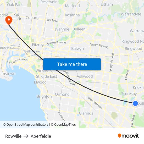 Rowville to Aberfeldie map