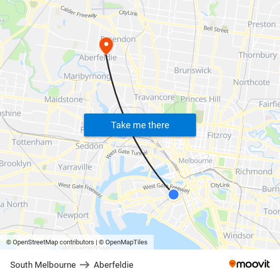 South Melbourne to Aberfeldie map