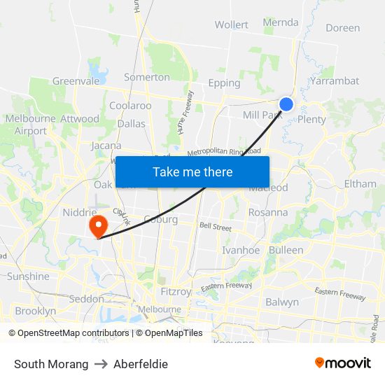 South Morang to Aberfeldie map