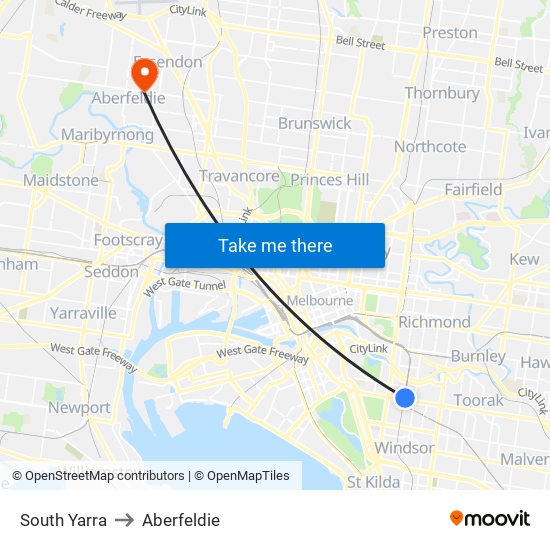 South Yarra to Aberfeldie map