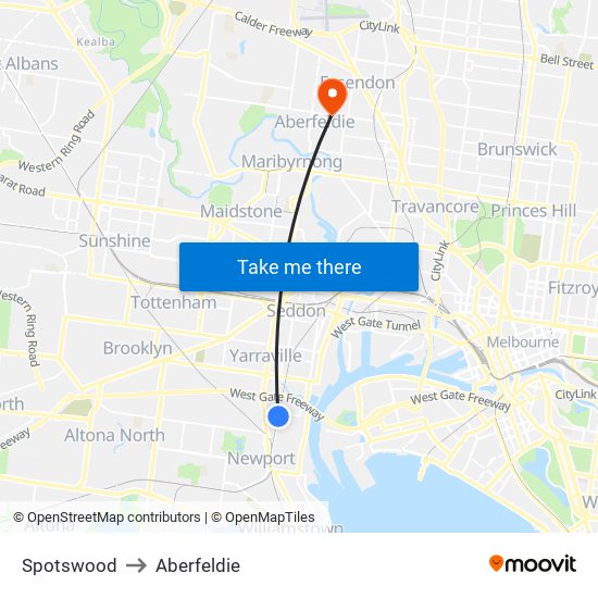 Spotswood to Aberfeldie map