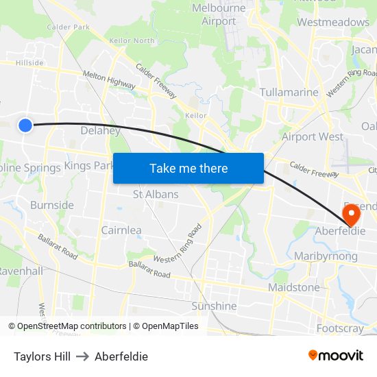 Taylors Hill to Aberfeldie map