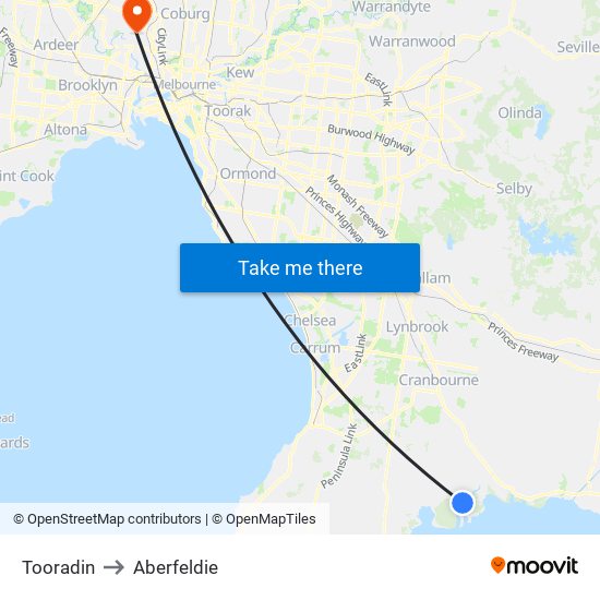 Tooradin to Aberfeldie map