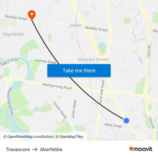 Travancore to Aberfeldie map