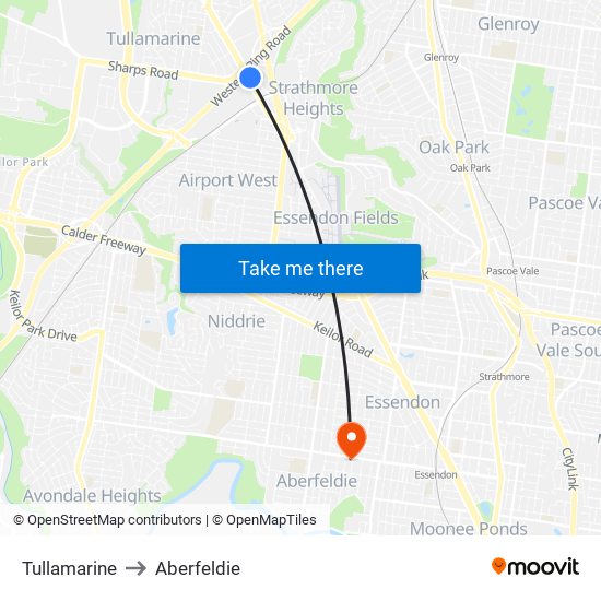 Tullamarine to Aberfeldie map