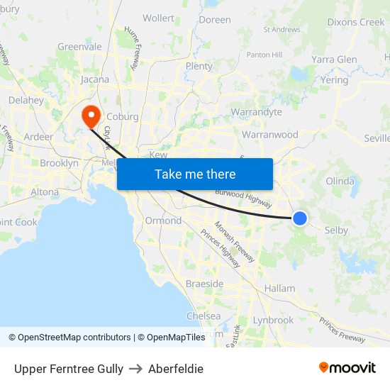 Upper Ferntree Gully to Aberfeldie map