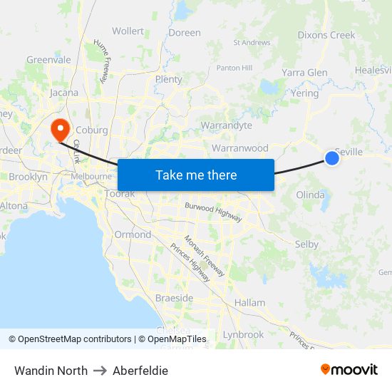 Wandin North to Aberfeldie map