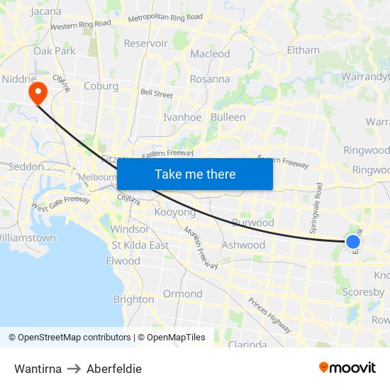 Wantirna to Aberfeldie map