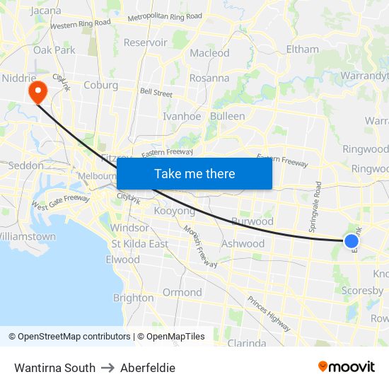 Wantirna South to Aberfeldie map