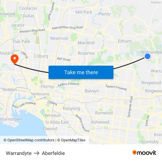 Warrandyte to Aberfeldie map