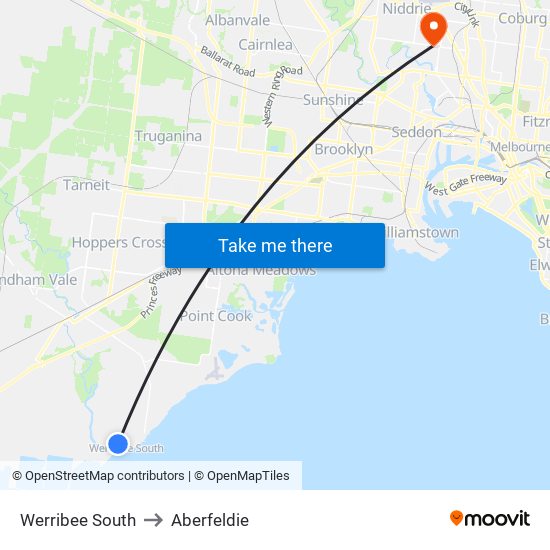 Werribee South to Aberfeldie map