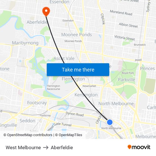 West Melbourne to Aberfeldie map