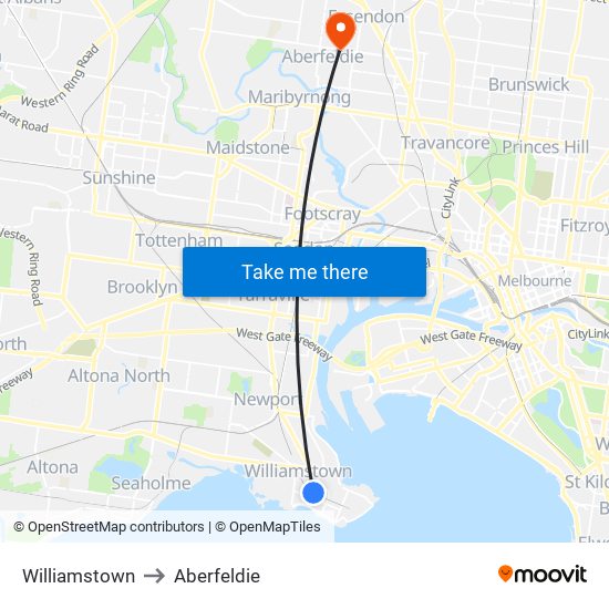 Williamstown to Aberfeldie map