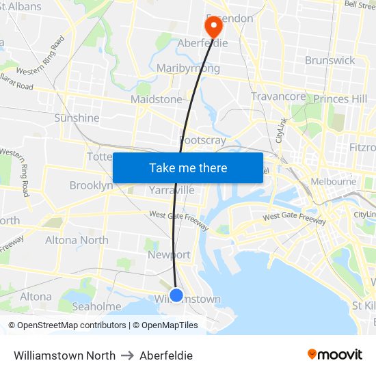 Williamstown North to Aberfeldie map