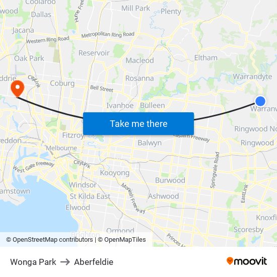 Wonga Park to Aberfeldie map