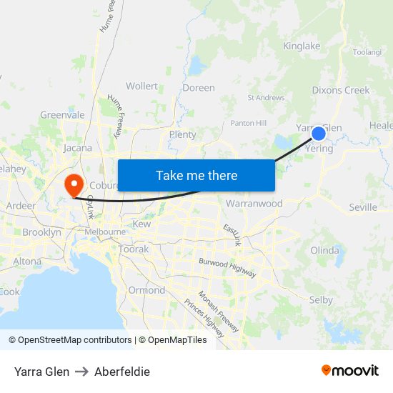 Yarra Glen to Aberfeldie map