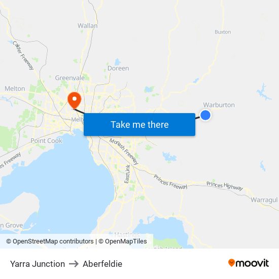 Yarra Junction to Aberfeldie map