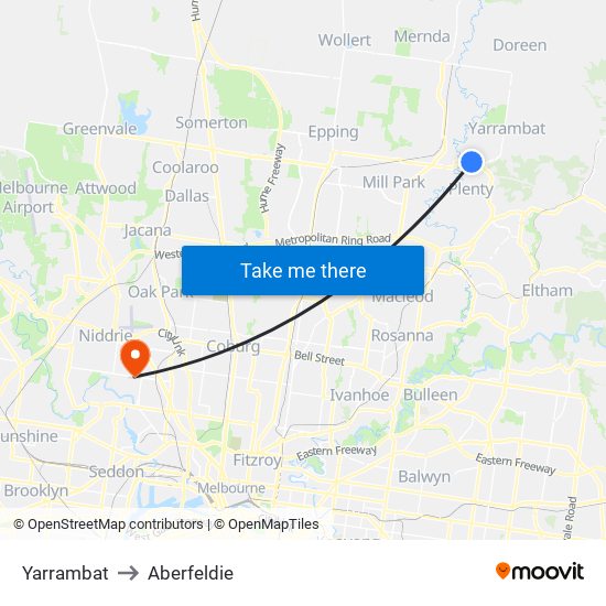 Yarrambat to Aberfeldie map