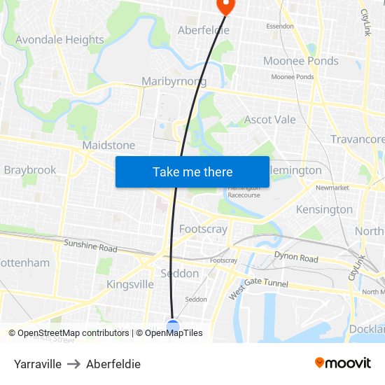 Yarraville to Aberfeldie map