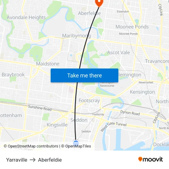 Yarraville to Aberfeldie map