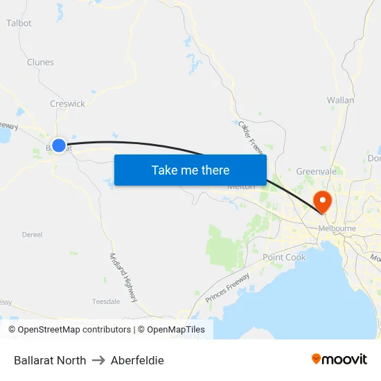 Ballarat North to Aberfeldie map