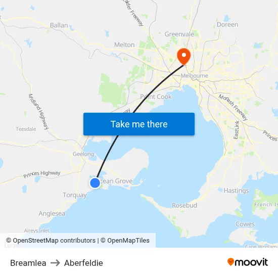 Breamlea to Aberfeldie map